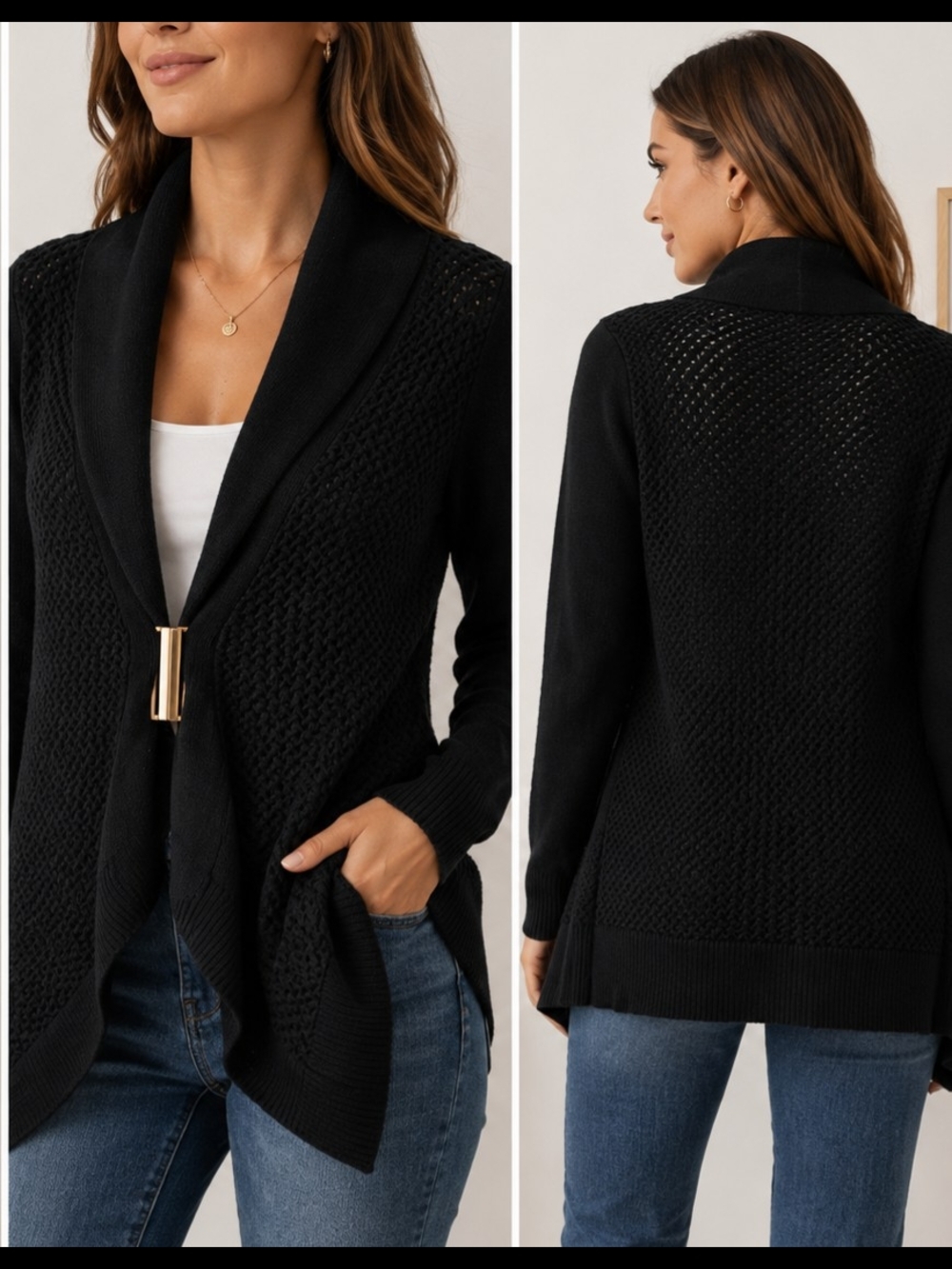 VENUS Black Shawl CollBlack Shawl Collar Open-Front Sweater Cardigan M